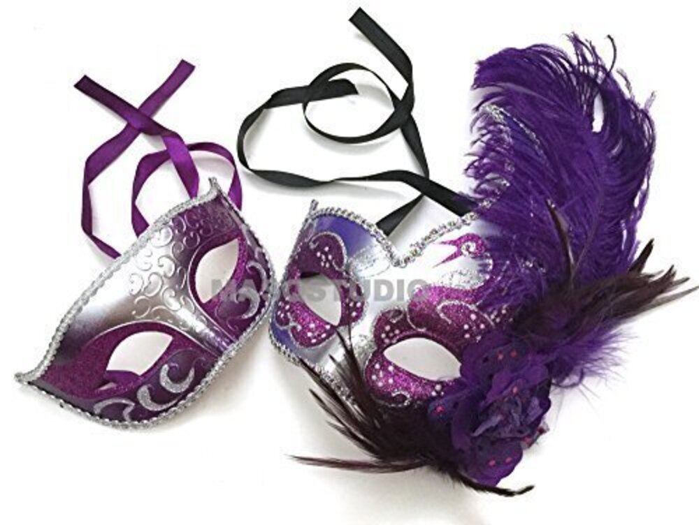 6186 Couples Black Gold Masquerade Ball Mask Pair Feather Mardi Gras Party